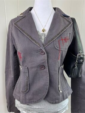 Y2K Denim Womens Blazer Jacket Hendi with stitching and patch details & graphic